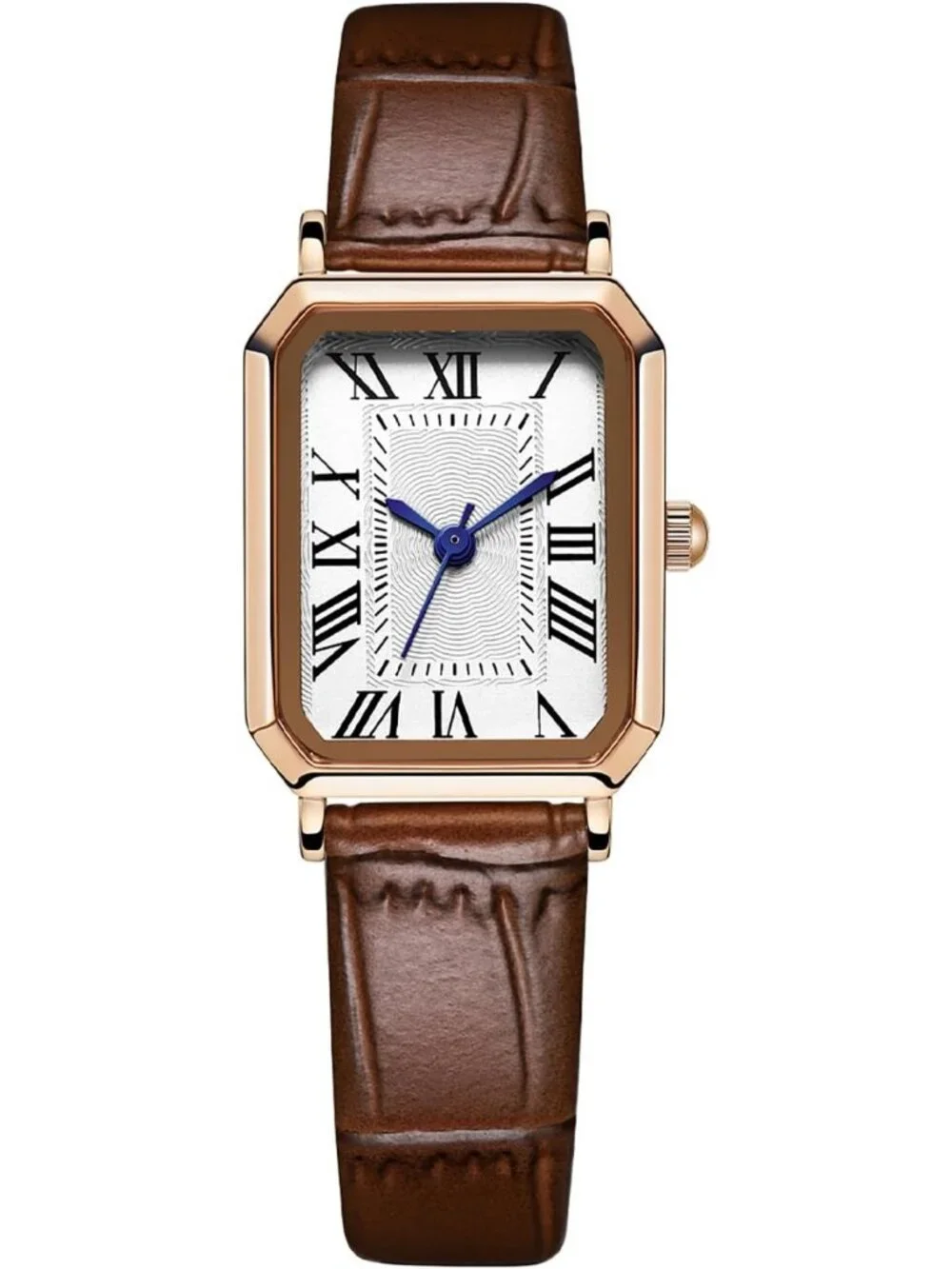 Women's Brown Rose Gold White Leather Strap Vintage Rectangle Elegant Wristwatch